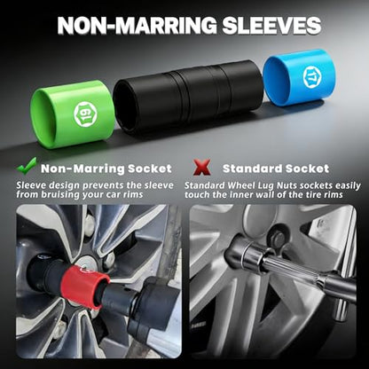 6Pcs Drive Lug Nut Socket Set, 17 19 21 22 mm & 3/4" 13/16" 7/8" 15/16" | 1/2" Thin Wall Impact Flip Sockets for Wheel lug Nuts with Non-Marring Sleeves,Knockout Bar & Extension CR-MO - color: 6pcs