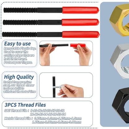49pcs Thread Chaser Set Metric & SAE Thread Repair Kit with 22 Taps 24 Dies 3 Thread Files UNC UNF & Metric Thread Restorer Tool
