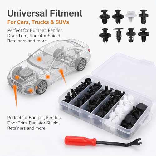 100 PCS Bumper Push Fasteners Rivet Clips, 6 Sizes Body Door Panel Retainer Clips, Expansion Screws Boxed with Removal Pliers, for Most Cars Repair Accessories (White)