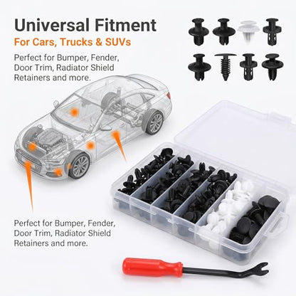 100 PCS Bumper Push Fasteners Rivet Clips, 6 Sizes Body Door Panel Retainer Clips, Expansion Screws Boxed with Removal Pliers, for Most Cars Repair Accessories (White)