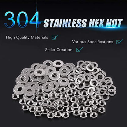 Swpeet 150Pcs SAE 304 Stainless Steel 1/4-20" Hex Nuts and #1/4 Flat Washers with #1/4 Split Lock Washers Assortment Kit, Coarse Thread Hexagon Nut for Home Automotive Shop Use - size: #1/4-20 Hex Nuts & Washers