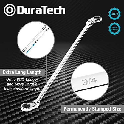 DURATECH Extra Long Flex-Head Ratcheting Wrench Set, 5-Piece, SAE | Double Box End, 5/16" to 13/16", 72-Tooth, 5° Swing Arc, for Narrow Spaces, CR-V Steel, Mirror Polished, EVA Foam Organizer