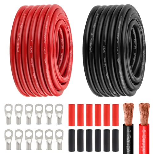8 Awg Battery Power Cable -30FT Red + 30FT Black 8 Gauge Flexible Welding Cable OFC Copper Wire with Lugs Terminal Connectors and Heat Shrink Tube for Automotive, Battery, Inverter,Boat and Generator - color: Red+black-30ft, size: 8AWG