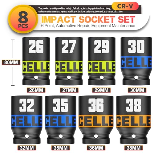 8 Piece 3/4-Inch Drive Impact Socket Set, 26-38mm Jumbo Sockets, Metric Alxe Nut Sockets for Automotive Repair, Equipment Maintenance - size: 3/4 Inch Metric Axle