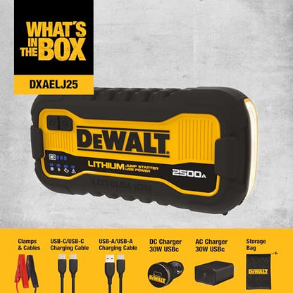 : DEWALT DXAELJ25 2500 Peak Amp Portable Lithium Jump Starter with USB-C (25W, 60W in/Out) and USB-A (15W) - size: 2500 Peak Amp