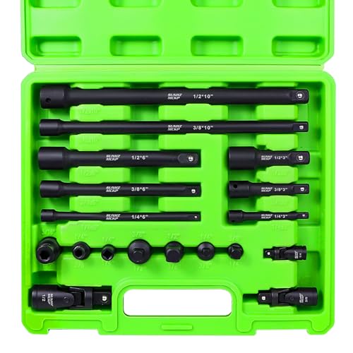 18-Piece Impact Socket Extension Set - 1/4" 3/8" 1/2" Drive Socket Extension Bars, Includes Ratchet Extension Set, Socket Adapter Set, Swivel Universal Joints & Impact Coupler, CR-V Steel - size: 18-Piece Socket Extension Set