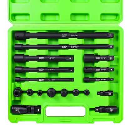 18-Piece Impact Socket Extension Set - 1/4" 3/8" 1/2" Drive Socket Extension Bars, Includes Ratchet Extension Set, Socket Adapter Set, Swivel Universal Joints & Impact Coupler, CR-V Steel - size: 18-Piece Socket Extension Set