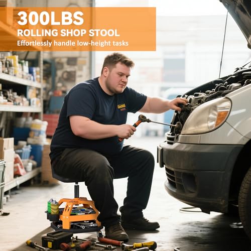 HOMCOM Rolling Mechanic Stool 300 LBS Capacity, Backrest 360° Wheels Yellow | Pneumatic Creeper Garage Stool, Heavy Duty Roller Seat, Padded Shop Chair, Tool Tray Storage, Adjustable Height - color: Yellow