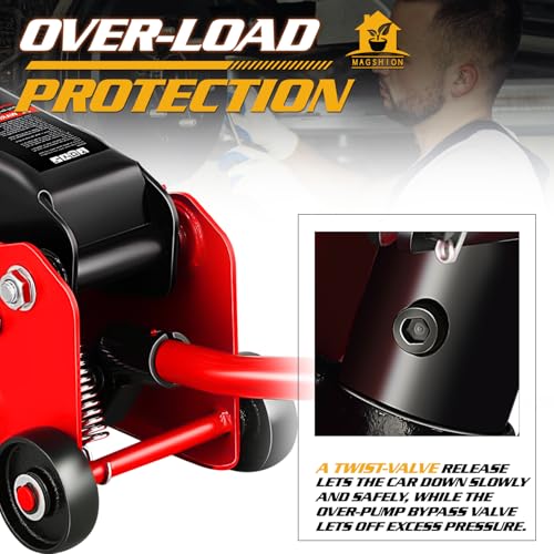 Magshion 1.5 Ton Low Profile Hydraulic Floor Jack, Heavy-Duty Steel Trolley Service Jack with Safety Valve, Swivel Casters, and Wide Saddle for Garage and Vehicle Maintenance, Red - color: Red