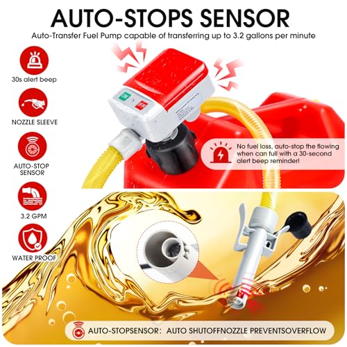 Fuel Transfer Pump with Auto-Stop Sensor-30s Alert Beep,3.2GPM,Overfill Protection,51"Hose Transfer Pump Battery Powered with 4 Tank Adapter,Portable Liquid Pump with Nozzle for Gasoline,Oil - color: Red&Grey
