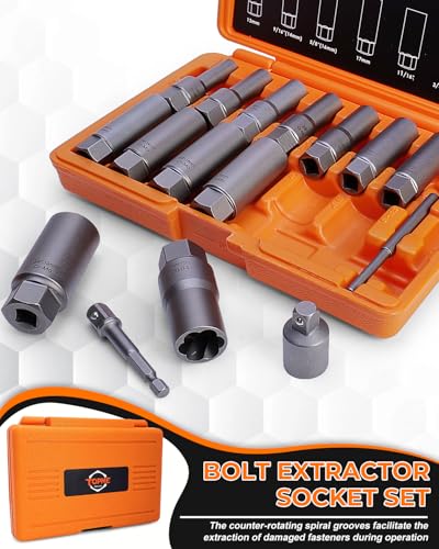 16 PCS Impact Bolt & Nut Remover Set, Deep Bolt Extractor Set | Extraction Socket Set for Removing Spark Plug, Damaged Rounded-Off Bolts, Nuts, Studs, Threaded Tubes