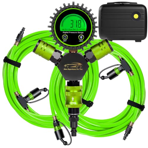 4 Tire Inflation Deflation System W/300PSI Digital Pressure Gauge | Fits up to 200" Wheelbase, Plastic Carry Box & Heavy Duty Hoses, Fits Truck, Car, Trailer, Motorcycle Offroad Vehicles, Green - color: Green