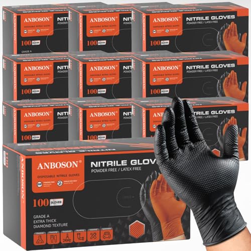 ANBOSON 10 Mil Heavy Duty Mechanic Nitrile Gloves, Black Medium 1000 Count | Diamond Grip, Latex Free Disposable Chemical Resistant Rubber Gloves for Industrial,Workshops, Auto Repair,Janitorial,Food - color: Black-1000, size: Medium
