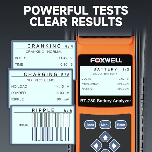 24v/12v/6v Battery Tester with Printer, FOXWELL BT780 Car Battery Load Test | 100-2000CCA Automotive Battery Tester Cranking Charging Alternator Tester for Car Marine Heavy Duty, Built-In Power & Printer