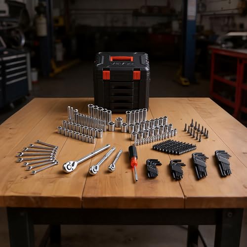 VEVOR Mechanics Tool Set, 256-Piece Mechanic Tool Kit, 1/4 in, 3/8 in, and 1/2 in Drive, SAE and Metric Socket Set, Wrenches, Screwdriver Bits, Accessories, and Storage Case, for Automotive Repair - size: 1/4"&3/8"&1/2", style: 256 PCS