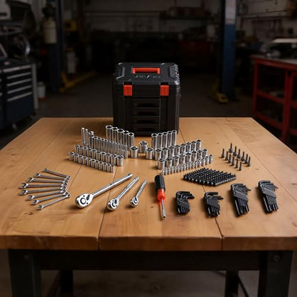 VEVOR Mechanics Tool Set, 256-Piece Mechanic Tool Kit, 1/4 in, 3/8 in, and 1/2 in Drive, SAE and Metric Socket Set, Wrenches, Screwdriver Bits, Accessories, and Storage Case, for Automotive Repair - size: 1/4"&3/8"&1/2", style: 256 PCS
