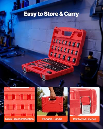 VEVOR 3/8" Drive Impact Socket Set, 50-Piece Standard SAE (5/16 to 3/4 inch) & Metric (8-22 mm) Size, Deep & Shallow, 6 Point, CR-V, Ratchet Handle, Extension Bars, Universal Joint, Reducer, Adapter - size: 3/8" 50 PCS