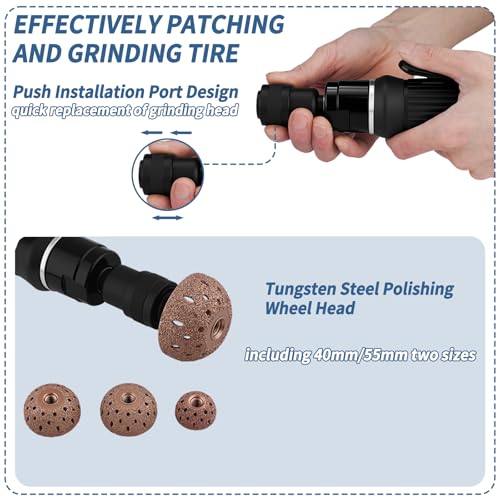 Tire Repair Set Air Tire Repair Polish Patch Tool 2500rpm Low Speed Air Tire Buffer Tire Inner Liner Scrapper Patch Roller 3pcs Tungsten Steel Buffing Wheel 42mm 55mm