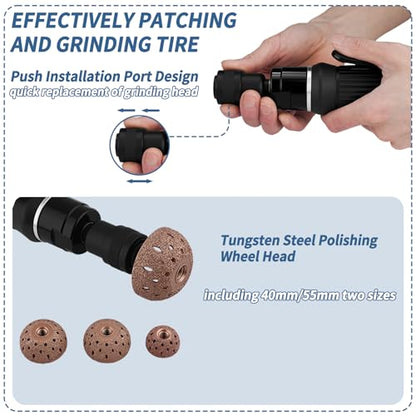 Tire Repair Set Air Tire Repair Polish Patch Tool 2500rpm Low Speed Air Tire Buffer Tire Inner Liner Scrapper Patch Roller 3pcs Tungsten Steel Buffing Wheel 42mm 55mm