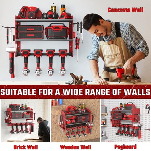 SUNALLY Power Tool Organizer, Heavy Duty Wall Mount Tool Organizer 3 Layers with 4 Drill Holders, Garage Tools Storage Rack with 2 Side Pegboards and Hooks for Workshop, Shed, Red - style: 4 Drill Holders D