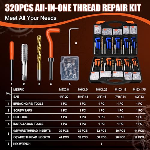 coobeast 320PCS Helicoil Thread Repair Kit, Metric & SAE Heli Coil Insert Set with HSS Drill Bits, 304 Stainless Steel Spark Plug Rethreading Tool for Automotive Engine & Machinery - size: Metric&Sea320pc