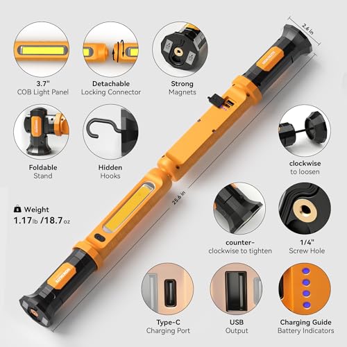 CLAKAP 2-in-1 Detachable LED Work Light Bar, 3000LM Underhood Light | rechargeable, cordless COB, magnetic base, hook, USB charger, red strobe, mechanic, car repair, garage