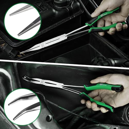 SK 2-Piece Long Needle Nose Pliers, 13'' Double Compound Long Nose Pliers | Straight Long Reach Pliers, 45° Extra-long Bent Nose Pliers,Premium CR-V Steel, with Comfort Grips