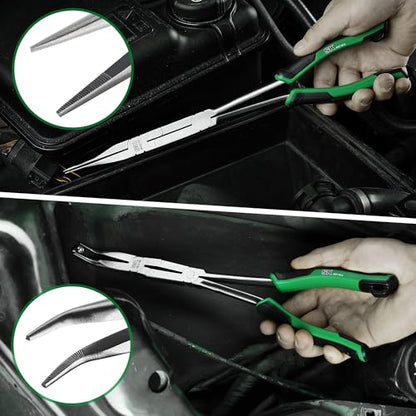 SK 2-Piece Long Needle Nose Pliers, 13'' Double Compound Long Nose Pliers | Straight Long Reach Pliers, 45° Extra-long Bent Nose Pliers,Premium CR-V Steel, with Comfort Grips