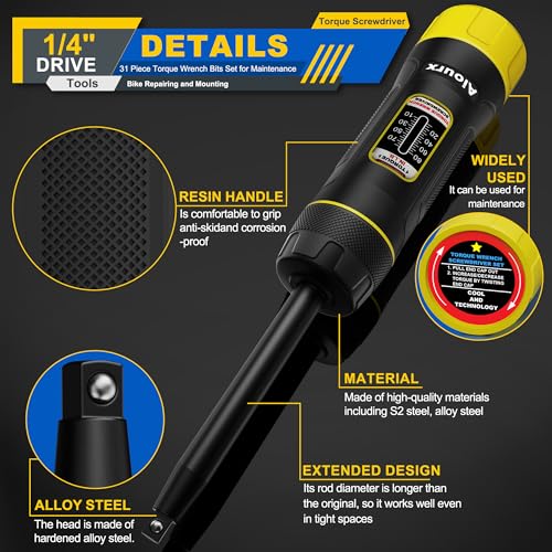 Long Shank Torque Screwdriver Set, 10-80 Inch Pounds lbs, 32 Piece 1/4" Drive Torque Screwdriver Wrench with S2 Steel Bits for Bicycle Mechanics, Mechanical Equipment, and Mounting - size: 10-80inch L