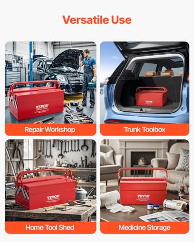 VEVOR Metal Tool Box, 14-inch, 2-Tier 3-Tray Portable Folding Tool Chest Organizer with Handle & Lock Hole, Powder Coated Steel, Cantilever Toolbox for Household Factory Warehouse Repair Shop, Red - style: 2 Tier-3 Tray
