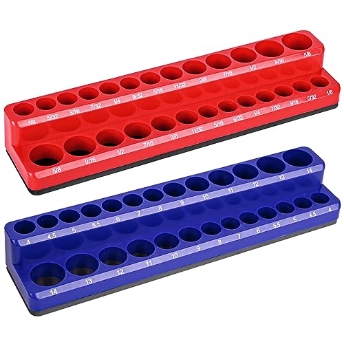 2-Piece Magnetic Socket Holder - 1/4 Inch Drive Metric SAE Socket Trays Tool Storage Set - Holds 52 Sockets for Tool Box Drawer