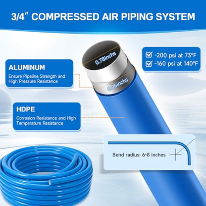 3/4"×100&200&300ft Compressed Air Line Kit for Shop/Garage, Hdpe-Aluminum Rapid Air System Includes Right Angle Fittings and Tee Fittings, Compressed Air Piping System Leak Proof&Easy to Install - size: 3/4"100FT