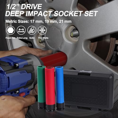 1/2"Drive Impact Lug Nut Socket Set, 3PC 17/19/21mm Thin Wall | Extra Long 6" Non-Marring Thin Wall Wheel Nut Sockets - Metric Deep Sockets for Safe Tire & Rim Protection - size: 3PCS-Metric(17/19/21mm)