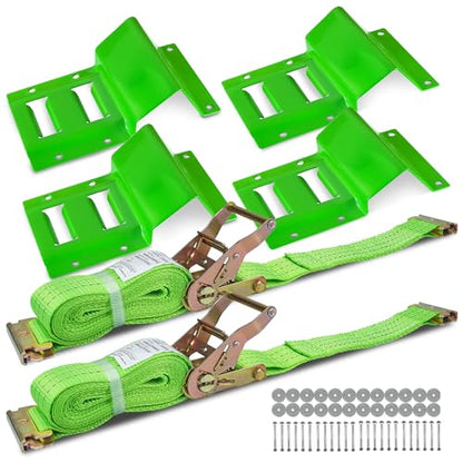 E Track Wheel Chock Tie Down Kit, 2in*15ft Heavy Duty Straps for Car Trailer UTV ATV, Ratchet Tie Downs With Tire Straps (2 Pack)