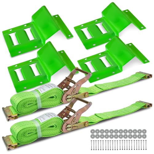 E Track Wheel Chock Tie Down Kit, 2in*15ft Heavy Duty Straps for Car Trailer UTV ATV, Ratchet Tie Downs With Tire Straps (2 Pack)