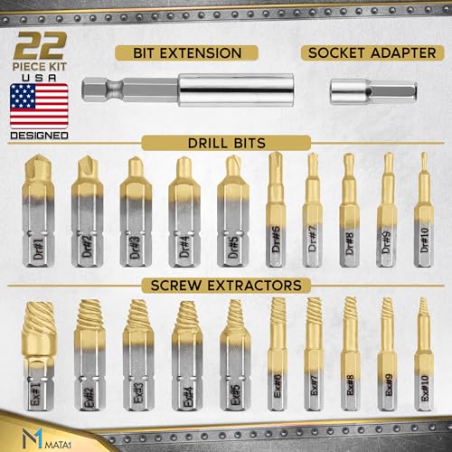 Titanium Screw Extractor Set for Stripped, Broken, Damaged Screws - 22 pc, Silver & Gold - Remover Kit with Drill Bits, Extractors, Bit Extension & Socket Adapter - color: Gold & Silver