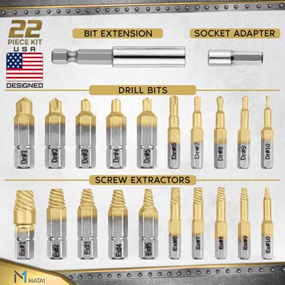 Titanium Screw Extractor Set for Stripped, Broken, Damaged Screws - 22 pc, Silver & Gold - Remover Kit with Drill Bits, Extractors, Bit Extension & Socket Adapter - color: Gold & Silver