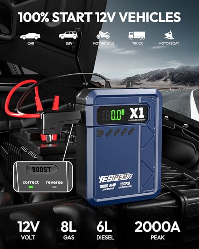 YESPER Jump Starter with Air Compressor 2000A 150PSI Battery Jumper Starter Portable(8L Gas/6L Diesel), 12V Car Jump Pack Battery Charger Jump Box with Jumper Cables, LCD Display, Lights(Blue) - color: Blue