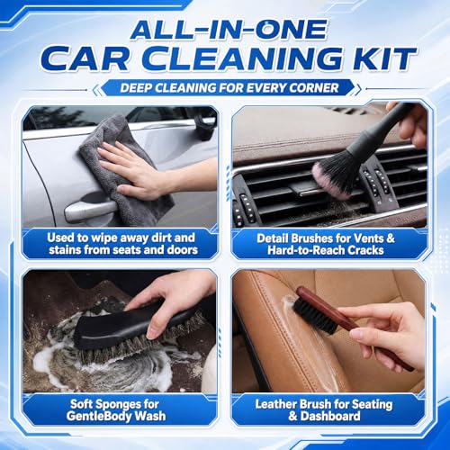 12PCS Car Cleaning Kit, Leather Brush Car Detailing Interior Set, Horsehair Seat Brushes, Auto Detail Brush, Microfiber Towels, Applicator Pads & Storage Bag, Automotive Supplies