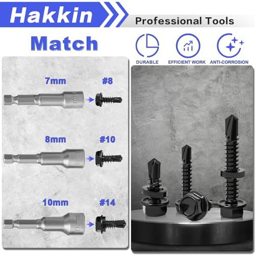 #8#10#14 470Pcs Self Drilling Screws for Metal, Hakkin Self Tapping Tek Screw Assortment Kit, Black Oxide 410 Stainless Steel Sheet Metal Screws Hex Washer Head 1/2" 3/4" 1" 1-1/2", Socket Included - size: 470PCS #8 #10 #14 Self Drilling Screws Black