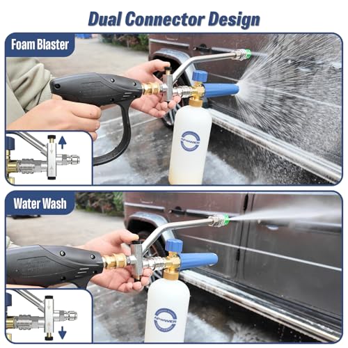 Foam Cannon Dual Connector for Pressure Washer | Double Tip Attachment for Soap Cannon, Pressure Washer Gun and 7 Power Washer Sprayer Nozzles Tips for Car Wash Kit