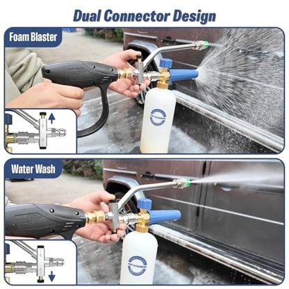 Foam Cannon Dual Connector for Pressure Washer | Double Tip Attachment for Soap Cannon, Pressure Washer Gun and 7 Power Washer Sprayer Nozzles Tips for Car Wash Kit