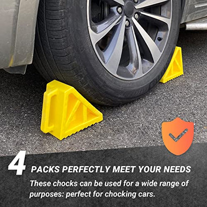 HOXWELL Wheel Chocks Premium, Heavy Duty Camper Vehicle Wedge Design with Black Rubber Bottom Chocks for Travel Trailers, Truck, Car, RV Yellow 4 Pcs - color: Yellow 4 pack
