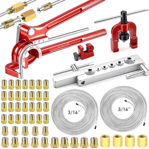smseace 55Pack 3/16 Inch+3/16 Inch Brake line kit Include 25 FT Zinc-Plated Brake Lines with Fitting(32pcs Fittings,4pcs Union+8pcs Nut) Brake line Bender,Single Flare Tool,Cutter Brake line kit - color: Silver-A, size: 3/16inch+3/16inch