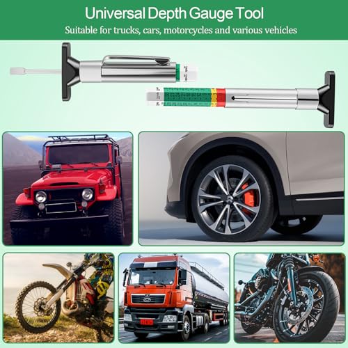3-Pcs Tire Tread Depth Gauge in 1/32 Inch, Color Coded Tire Depth Gauge with Pocket Clip, Tread Depth Accurate Measurement Tools for Car, Trucks, SUV, Motorcycle, Bike (with 5Pcs Tire Valve Stem Caps)