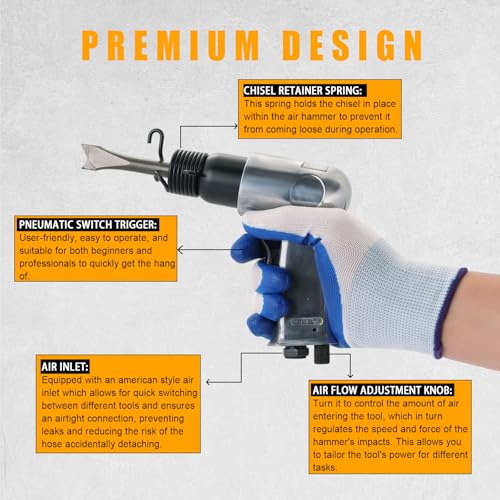 150mm Air Hammer Kit with 4 Chisels & Quick Change Retainer, 4500 BPM Short Barrel Pneumatic Hammer, Air Shovel Tool for Automotive, Metal, and Masonry Work
