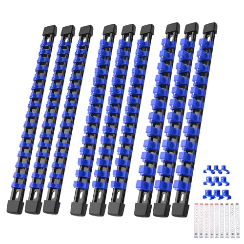 Reniteco 9-Pack Socket Organizer Set, 1/4" x 48 3/8" x 45 1/2" x 36 Clips | 129 Clip Capacity, Havy-Duty ABS Socket Rails, Removable Clips, Drive Socket Storage, Toolbox Drawer or Wall Mount - color: Blue, size: 9 Pcs