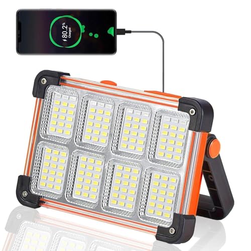 120W Solar Rechargeable Work Light, 144 LED 10000LM Portable Flood Light with Stand, IP66 Waterproof 4 Modes LED Job Site for Mechanic Camping Fishing Car Repair (Orange 1 Pack) - style: Orange 1 Pack