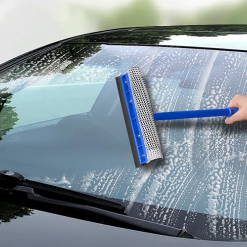 2-in-1 Car Window Cleaner, Multi-Use Car Windshield Cleaning Tool, with 15.9" Handle, 8" Soft Rubber Blade & Highly Absorbent Sponge, Home, Car, Glass, Shower, Outdoor Window Cleaning