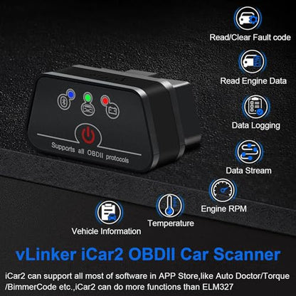 iCar2 OBD2 Bluetooth Adapter Diagnostic Scanner for iOS & Android : Auto-Connect Clear Error Code Live Data Reset Diagnostic Tool (Black) - color: iCar2 BLE4.0 Black
